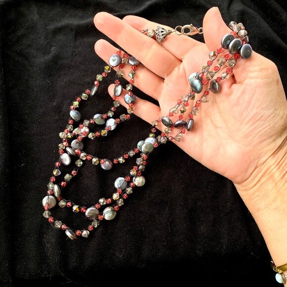 Handmade Wire Crochet Coin Pearls Swarovski Crystals Necklace Sterling 16in - Picture 2 of 5